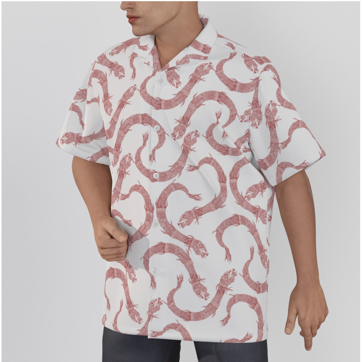 Red Dacic Wolf On White Base Men's Hawaiian Shirt With Button Closure