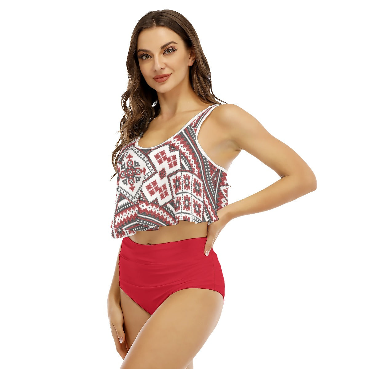 Red Bottom Romanian Traditional Women's Ruffled Vest Bikini Swimsuit