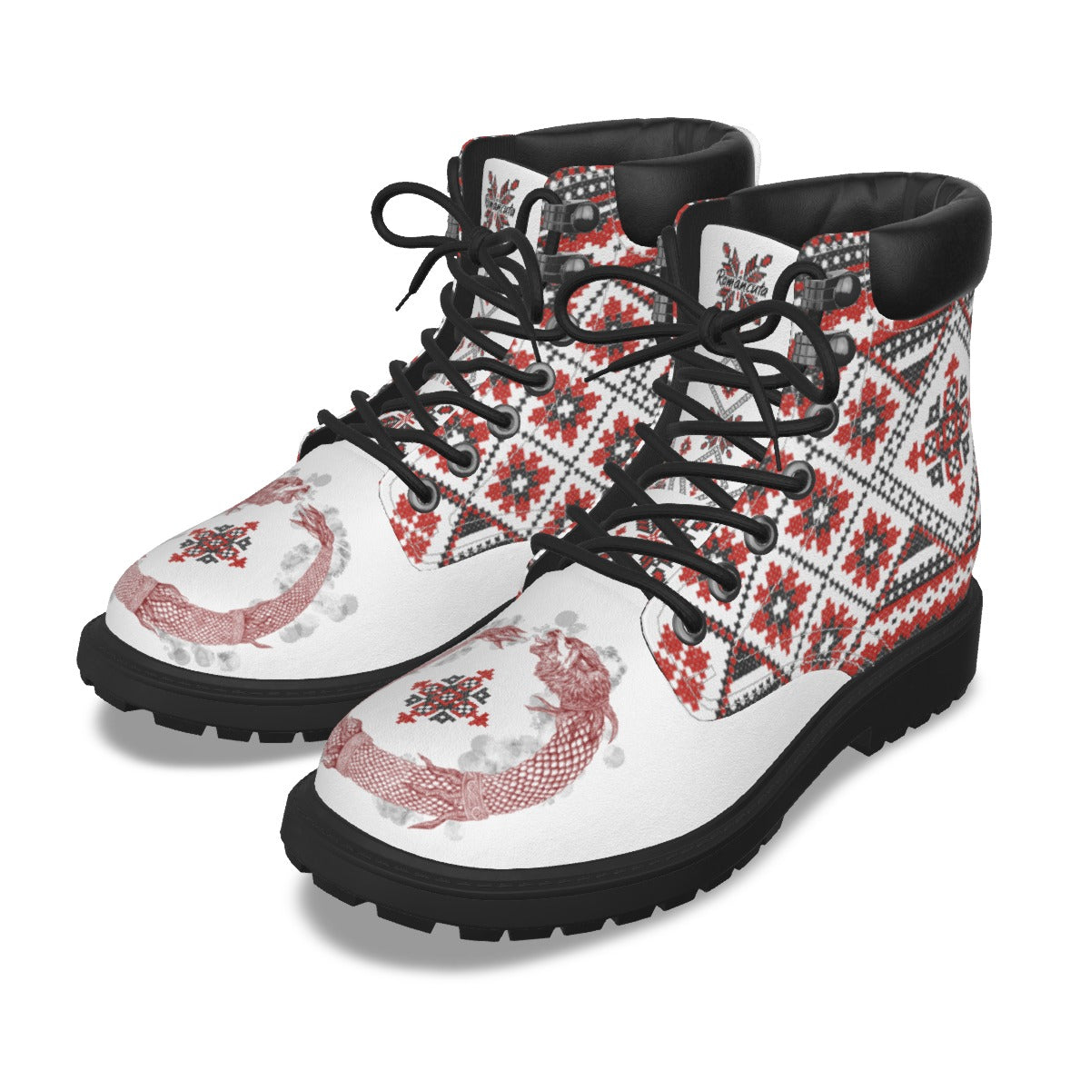 Red Romanian Motifs Men's Short Boots