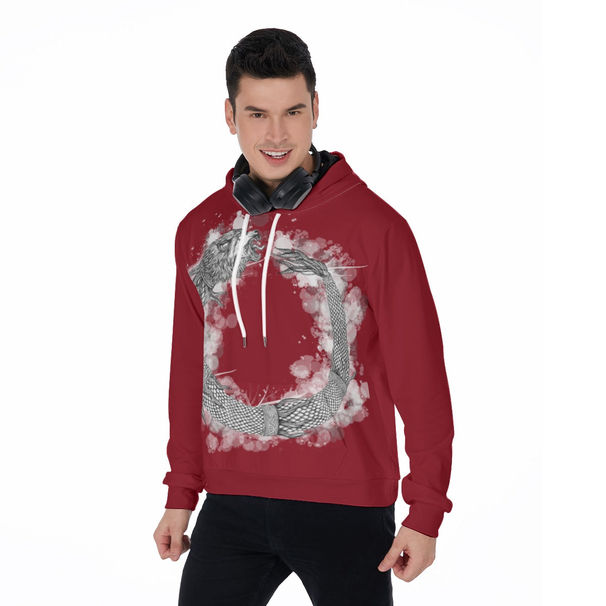 Dacic Wolf Ouroboros style on Red  Men's Thicken Pullover Hoodie