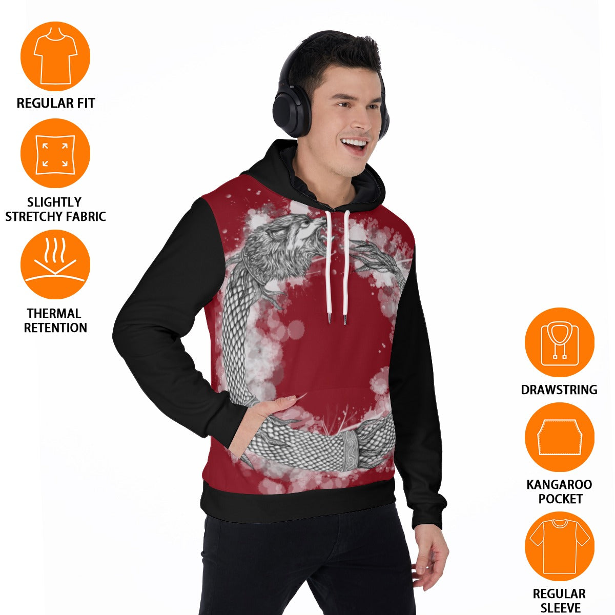 Dacic Wolf Ouroboros style on Red with Black Sleeves Men's Thicken Pullover Hoodie