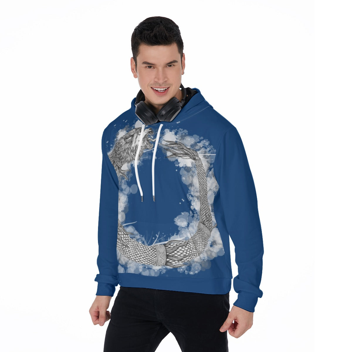 Dacic Wolf Ouroboros style on Blue Men's Thicken Pullover Hoodie