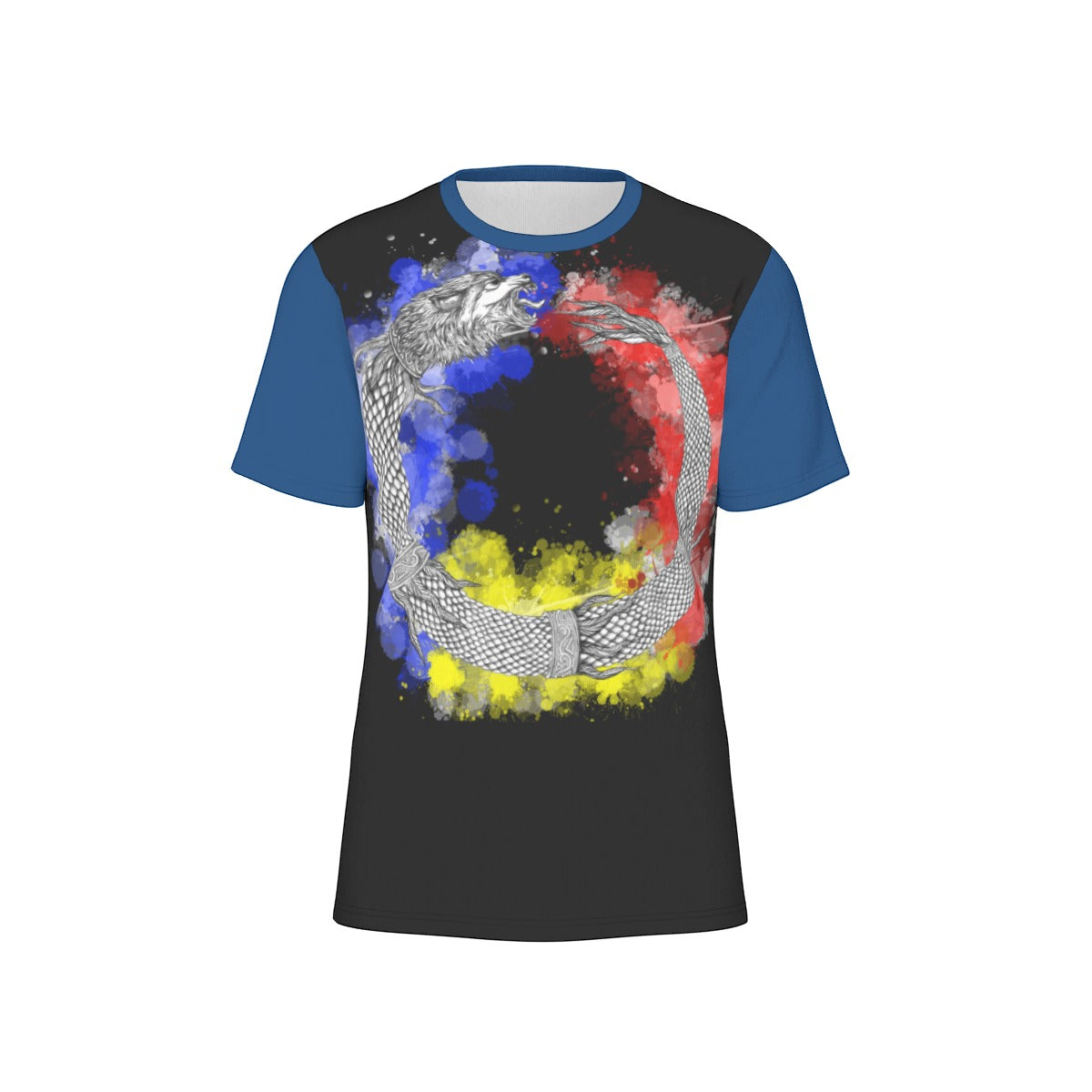 Romanian Ouroboros Dacic Wolf on Black and Blue Men's O-Neck T-Shirt | 190GSM Cotton