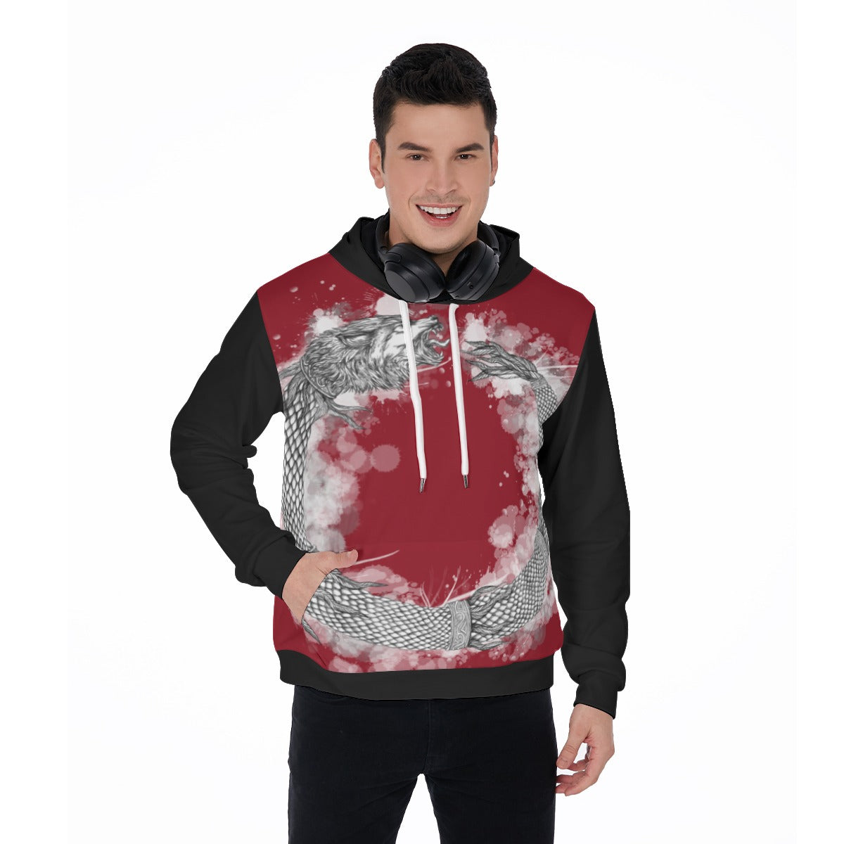 Dacic Wolf Ouroboros style on Red with Black Sleeves Men's Thicken Pullover Hoodie