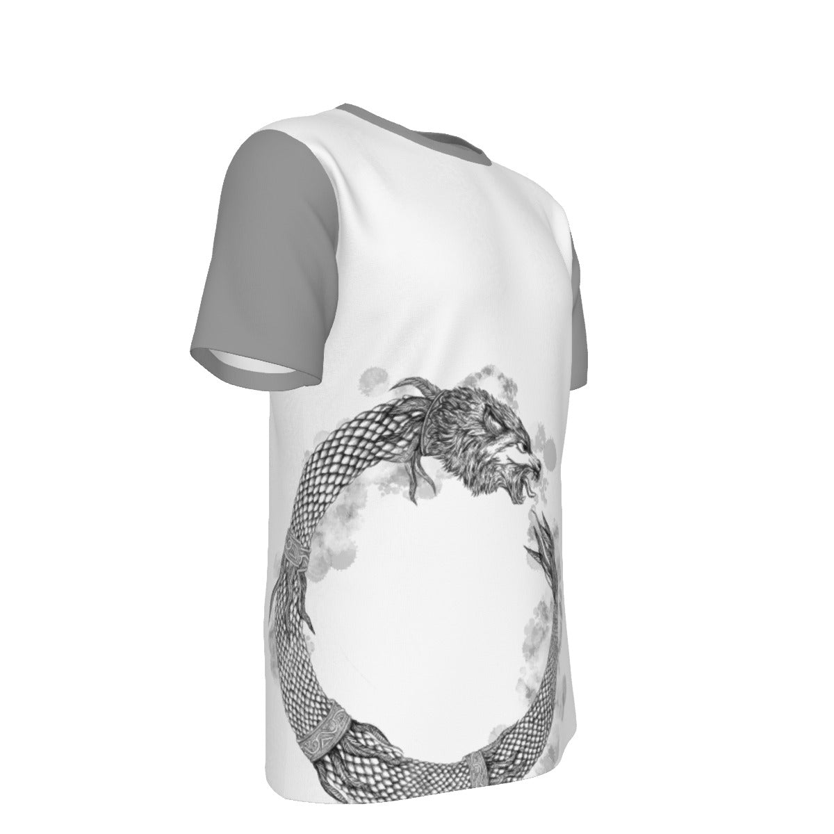 Dacic Wolf Ouroboros style on White Base and Gray Sleeves Men's O-Neck T-Shirt | 190GSM Cotton