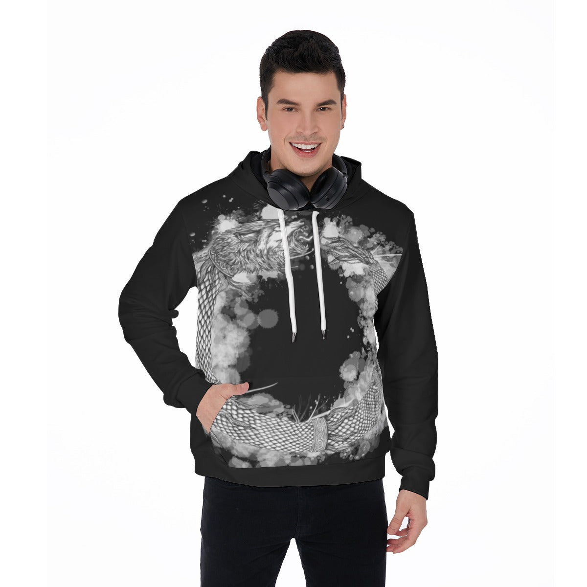 Dacic Wolf Ouroboros Style on Black Men's Thicken Pullover Hoodie