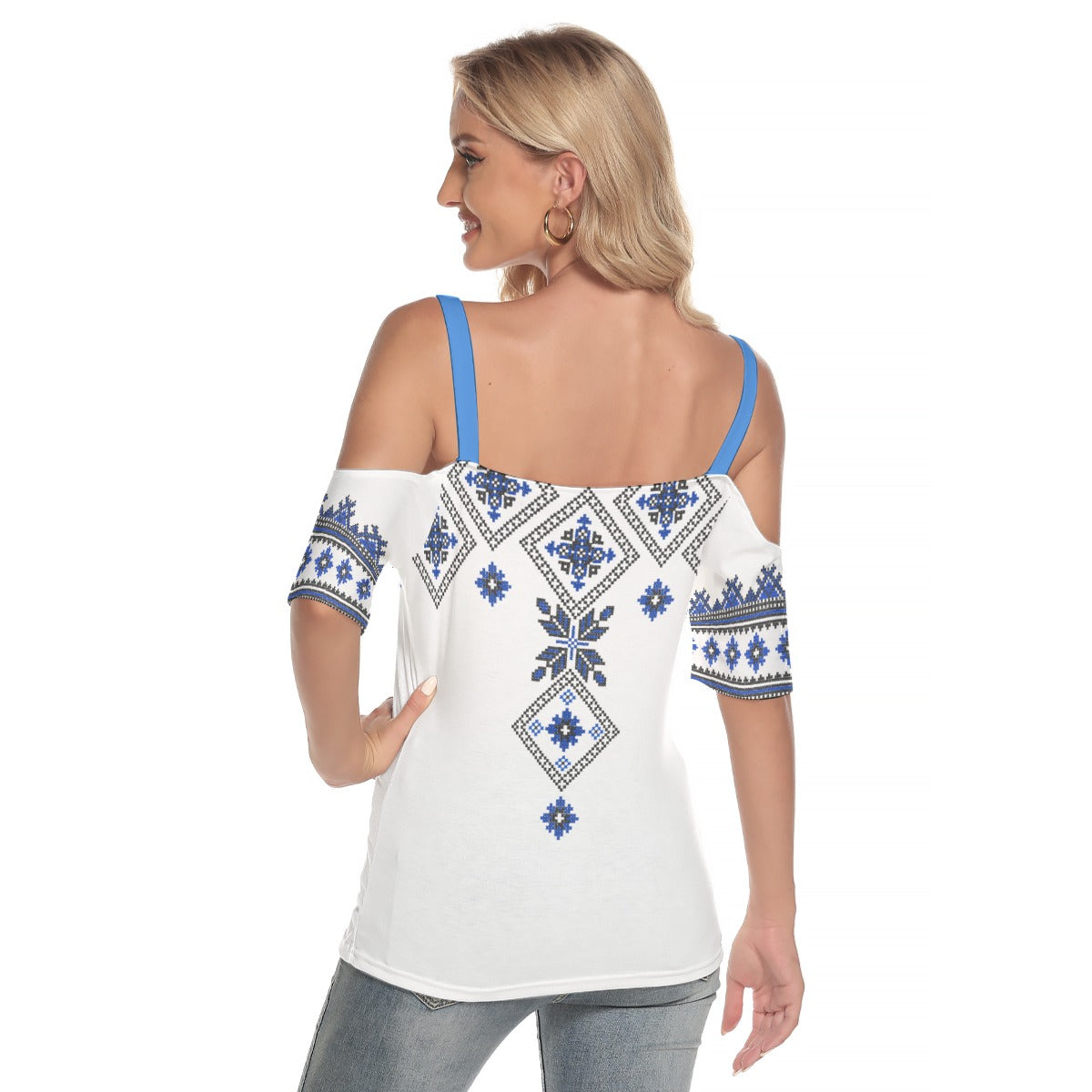 Romanian Traditional Women's Cold Shoulder T-shirt With Criss Cross Strips