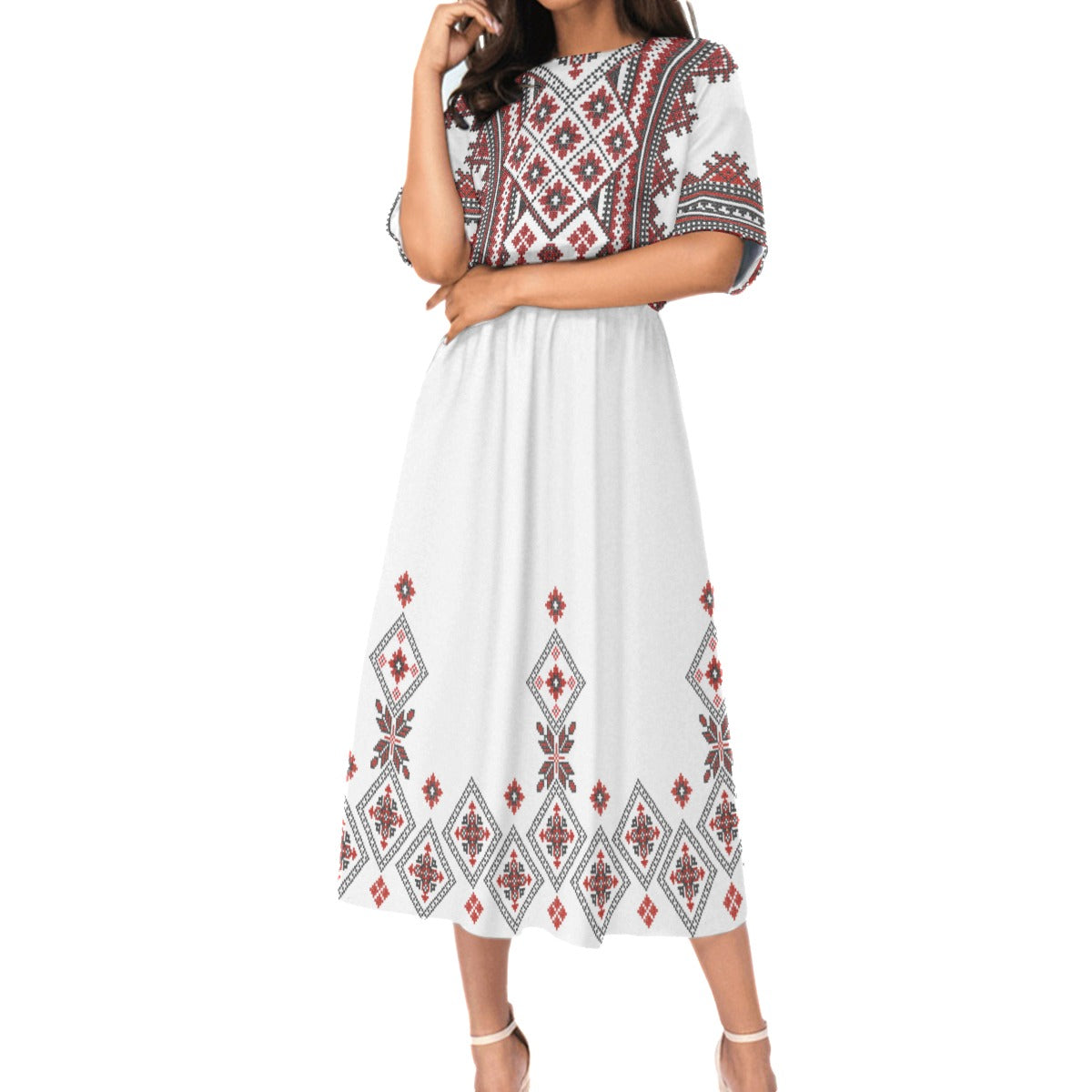 Red Romanian Traditional Motif Women's Elastic Waist Dress