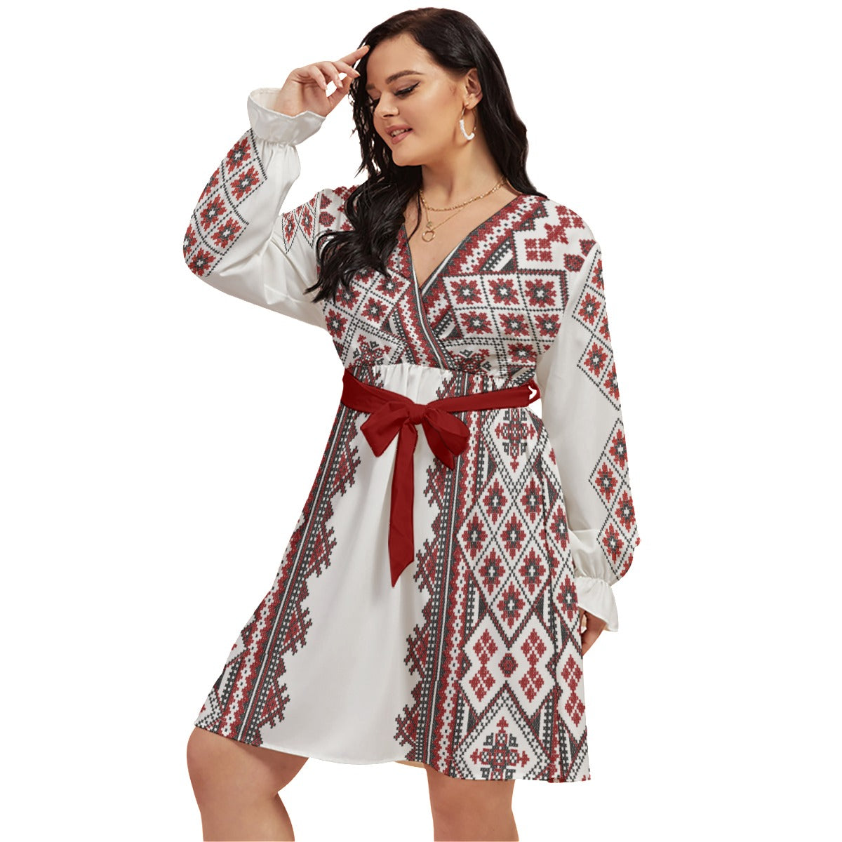 Red Romanian Traditional Women's V-neck Dress With Waistband(Plus Size)