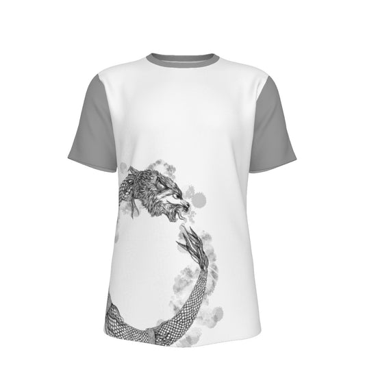 Dacic Wolf Ouroboros style on White Base and Gray Sleeves Men's O-Neck T-Shirt | 190GSM Cotton