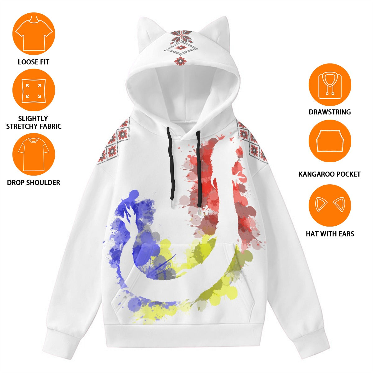 Romanian Dacic Wolf Contour And Red Traditional Motifs  Women’s Hoodie With Decorative Ears