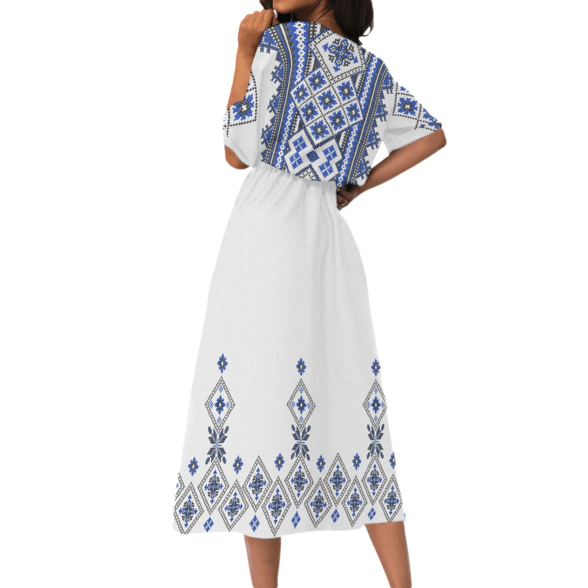 Blue Romanian Traditional Motif Women's Elastic Waist Dress