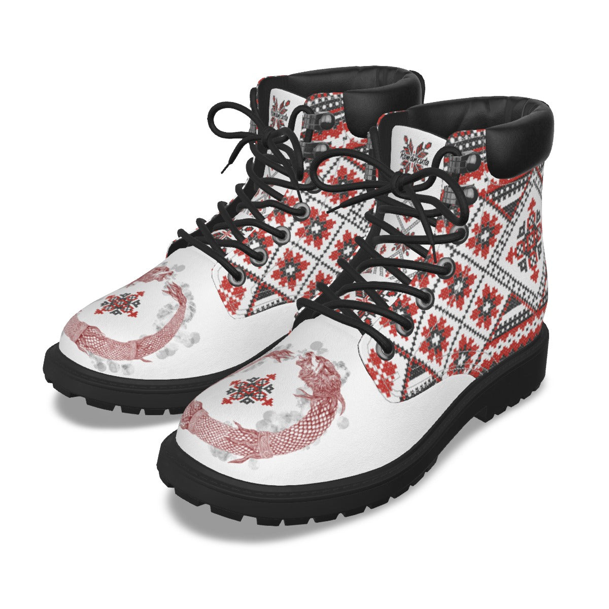 Red Romanian Motifs Men's Short Boots