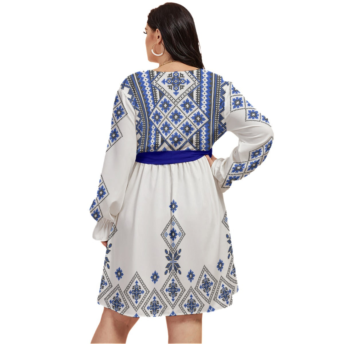 Blue Traditional Romanian Women's V-neck Dress With Waistband(Plus Size)