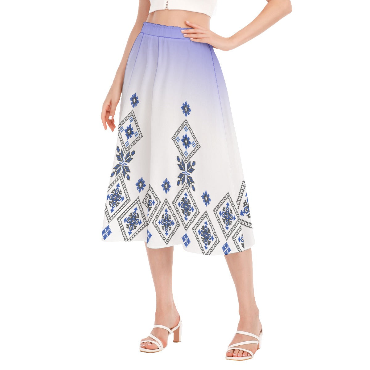 Blue Romanian Traditional Women's Long Section Chiffon Skirt