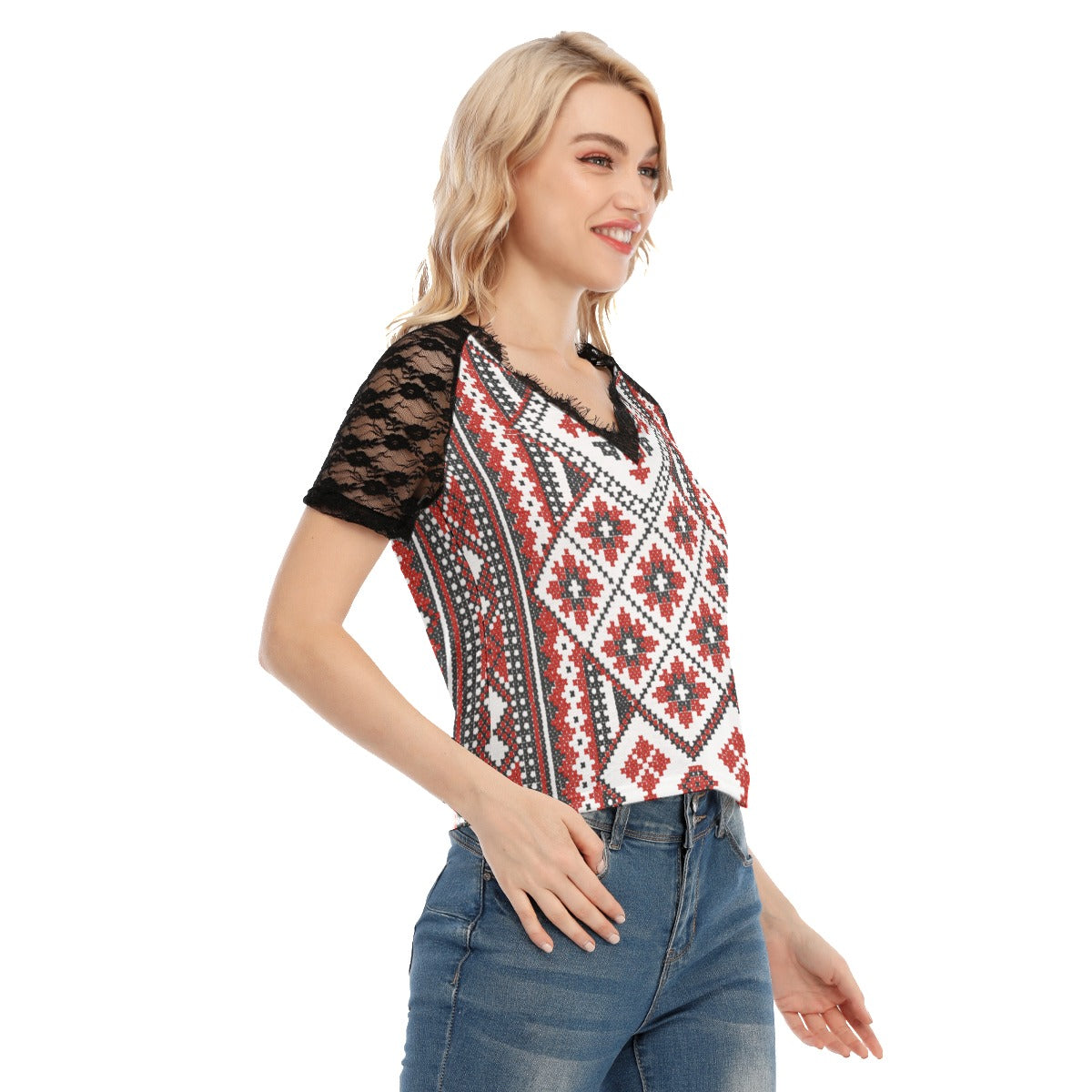 Red Romanian Traditional Women's V-neck T-shirt With Lace