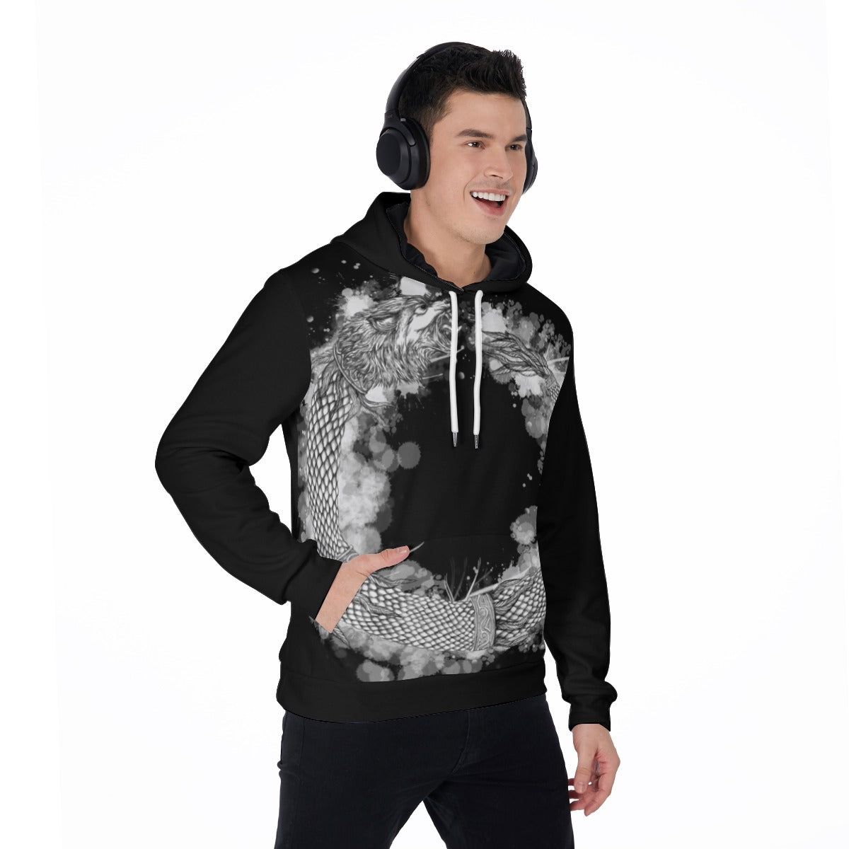 Dacic Wolf Ouroboros Style on Black Men's Thicken Pullover Hoodie