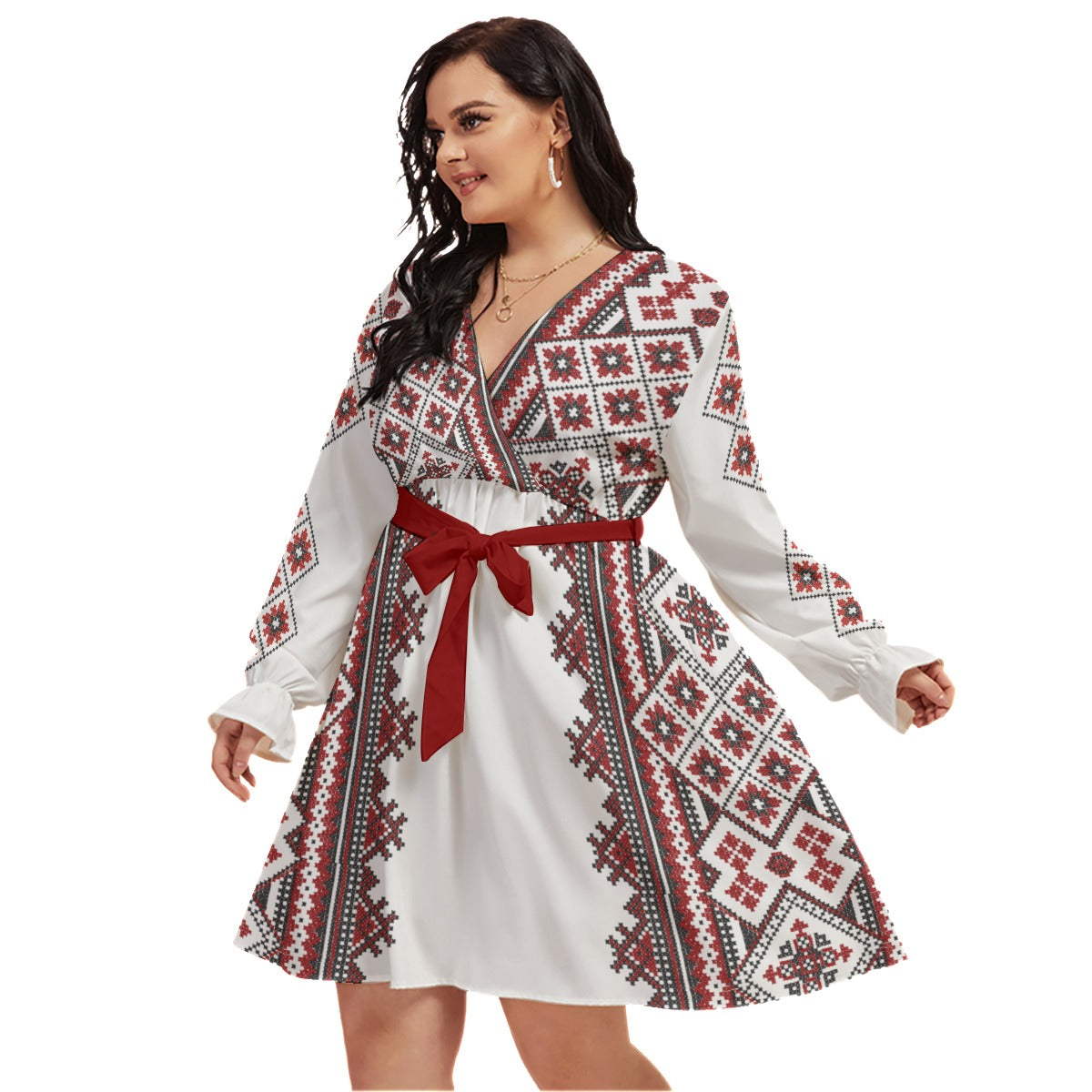 Red Romanian Traditional Women's V-neck Dress With Waistband(Plus Size)