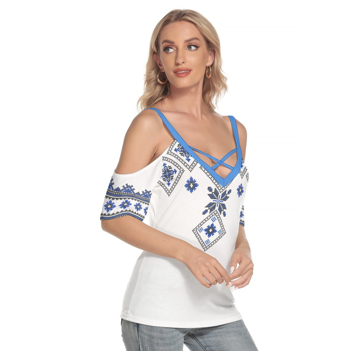 Romanian Traditional Women's Cold Shoulder T-shirt With Criss Cross Strips