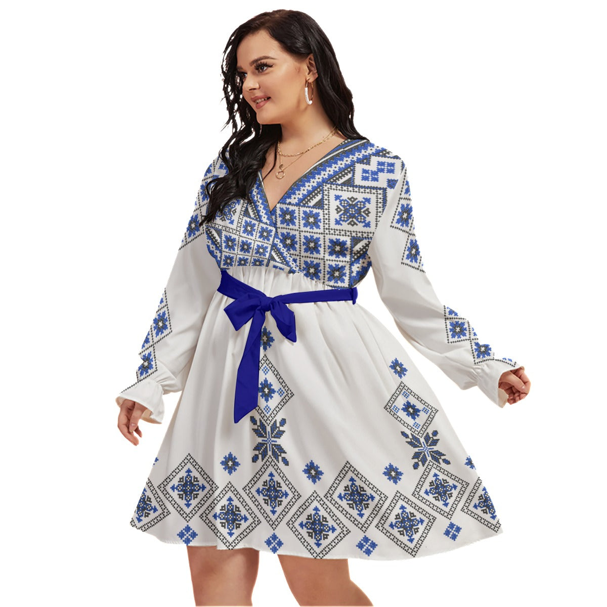 Blue Traditional Romanian Women's V-neck Dress With Waistband(Plus Size)