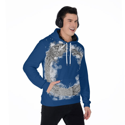 Dacic Wolf Ouroboros style on Blue Men's Thicken Pullover Hoodie