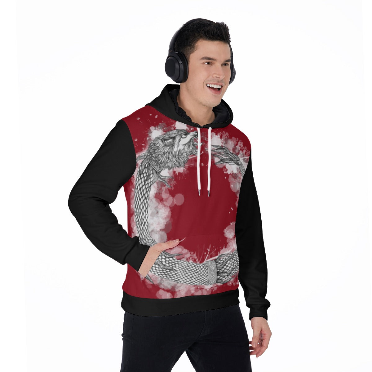 Dacic Wolf Ouroboros style on Red with Black Sleeves Men's Thicken Pullover Hoodie