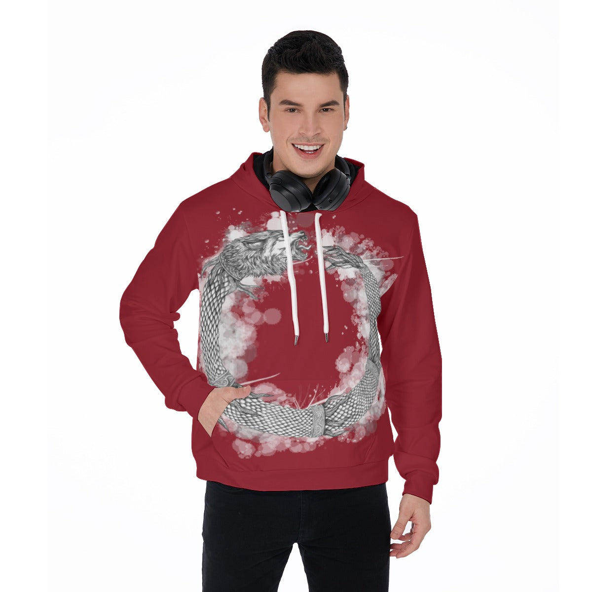 Dacic Wolf Ouroboros style on Red  Men's Thicken Pullover Hoodie