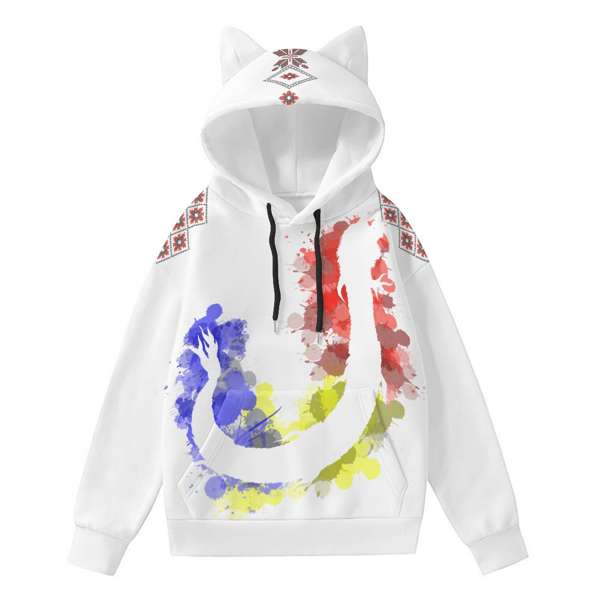 Romanian Dacic Wolf Contour And Red Traditional Motifs  Women’s Hoodie With Decorative Ears