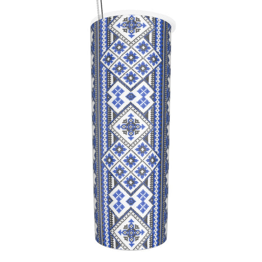 Blue Romanian Traditional Glitter Tumbler With Stainless Steel Straw 20oz