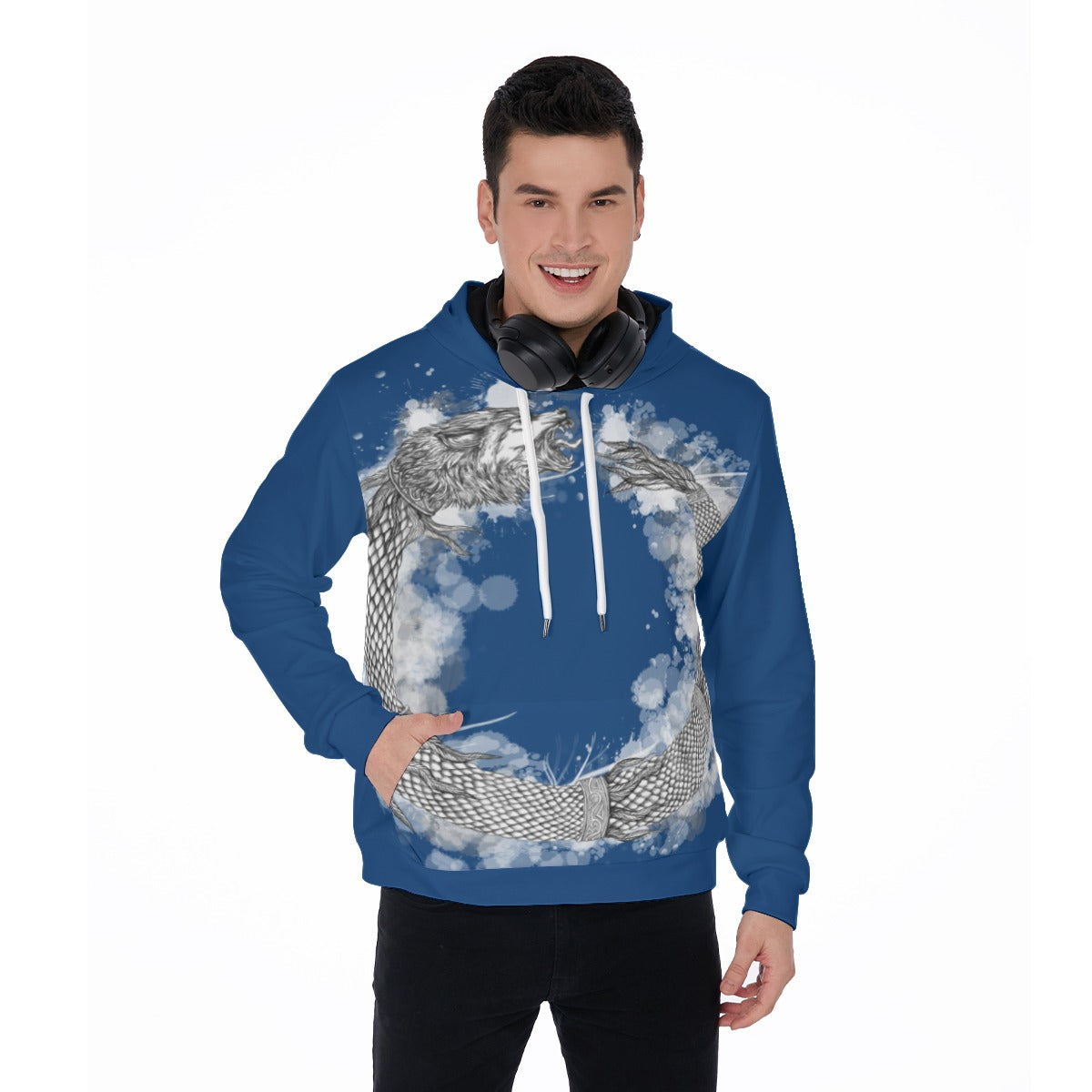 Dacic Wolf Ouroboros style on Blue Men's Thicken Pullover Hoodie