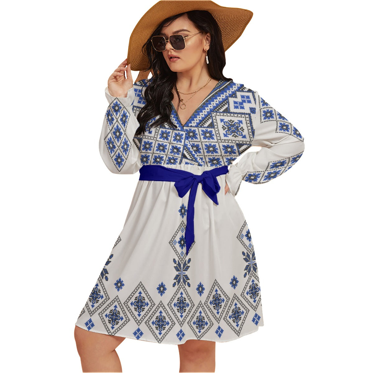 Blue Traditional Romanian Women's V-neck Dress With Waistband(Plus Size)