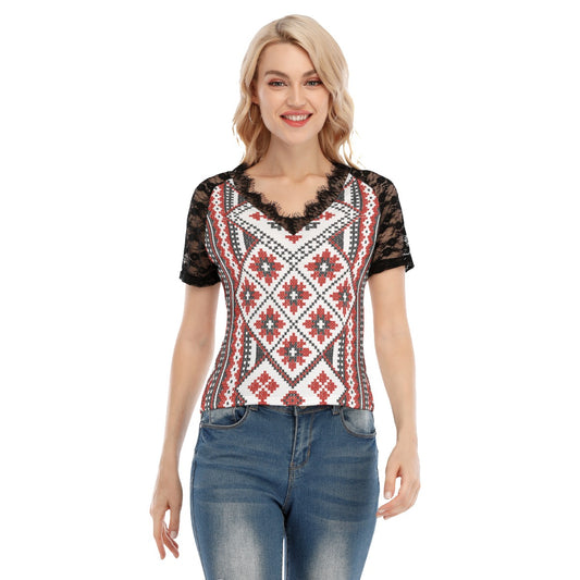 Red Romanian Traditional Women's V-neck T-shirt With Lace