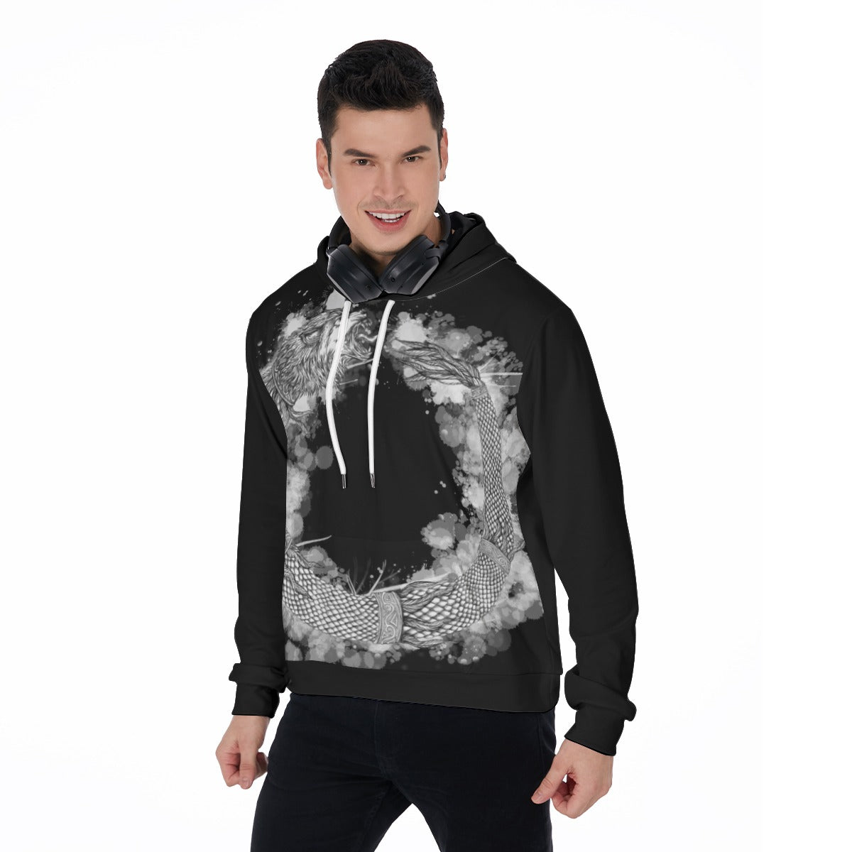 Dacic Wolf Ouroboros Style on Black Men's Thicken Pullover Hoodie