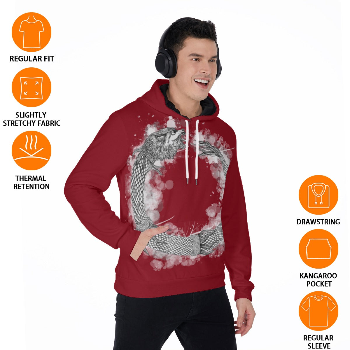 Dacic Wolf Ouroboros style on Red  Men's Thicken Pullover Hoodie