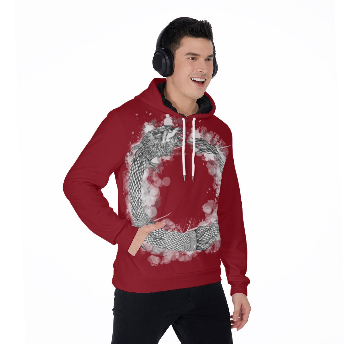 Dacic Wolf Ouroboros style on Red  Men's Thicken Pullover Hoodie