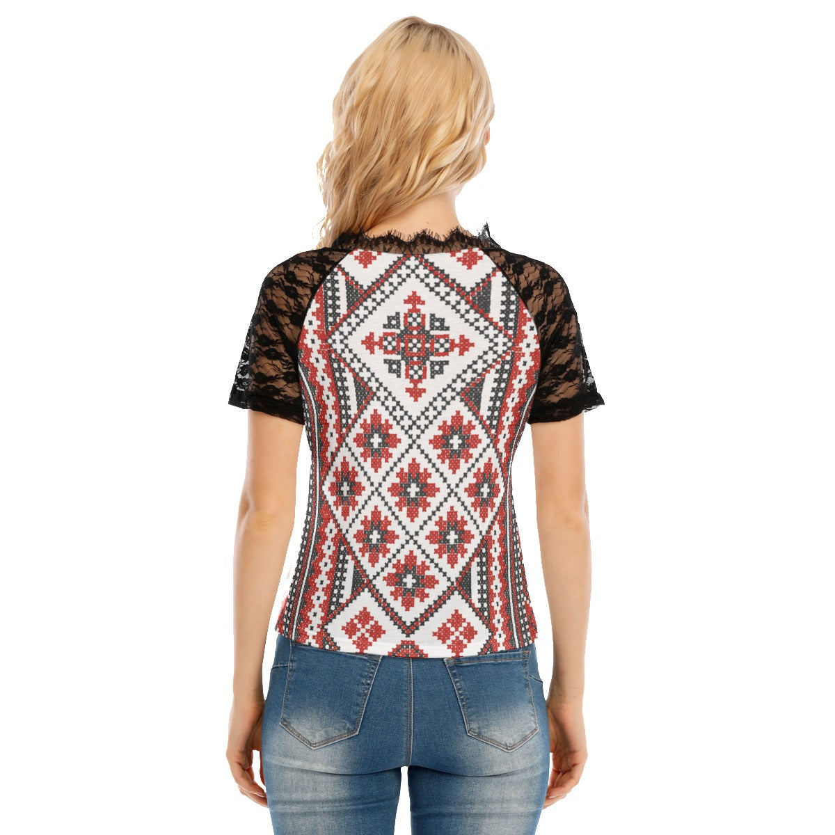 Red Romanian Traditional Women's V-neck T-shirt With Lace