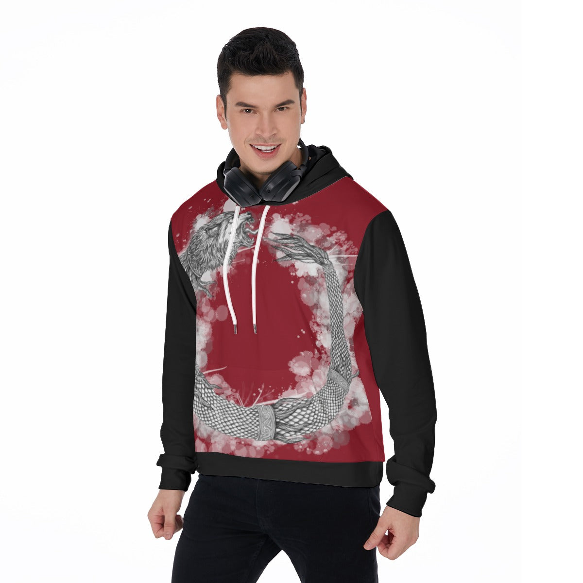 Dacic Wolf Ouroboros style on Red with Black Sleeves Men's Thicken Pullover Hoodie