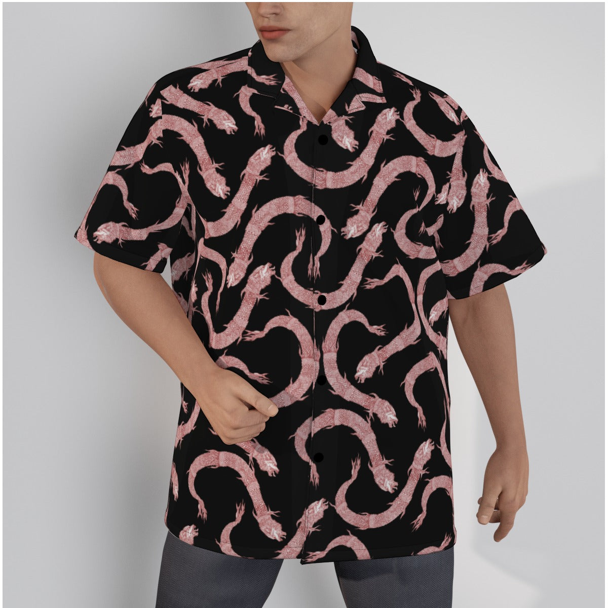 Red Dacic Wolf On Black Men's Hawaiian Shirt With Button Closure