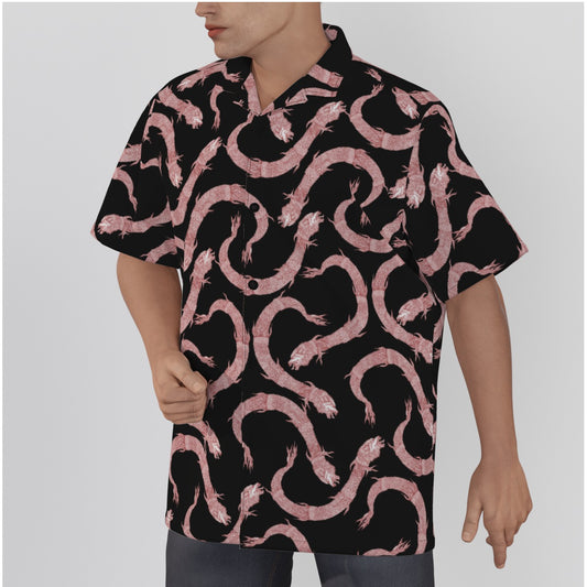 Red Dacic Wolf On Black Men's Hawaiian Shirt With Button Closure