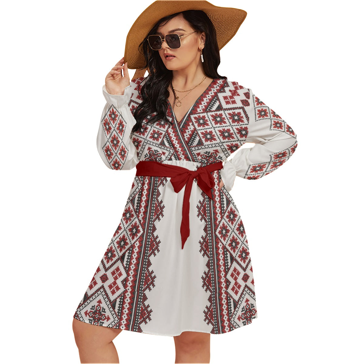 Red Romanian Traditional Women's V-neck Dress With Waistband(Plus Size)