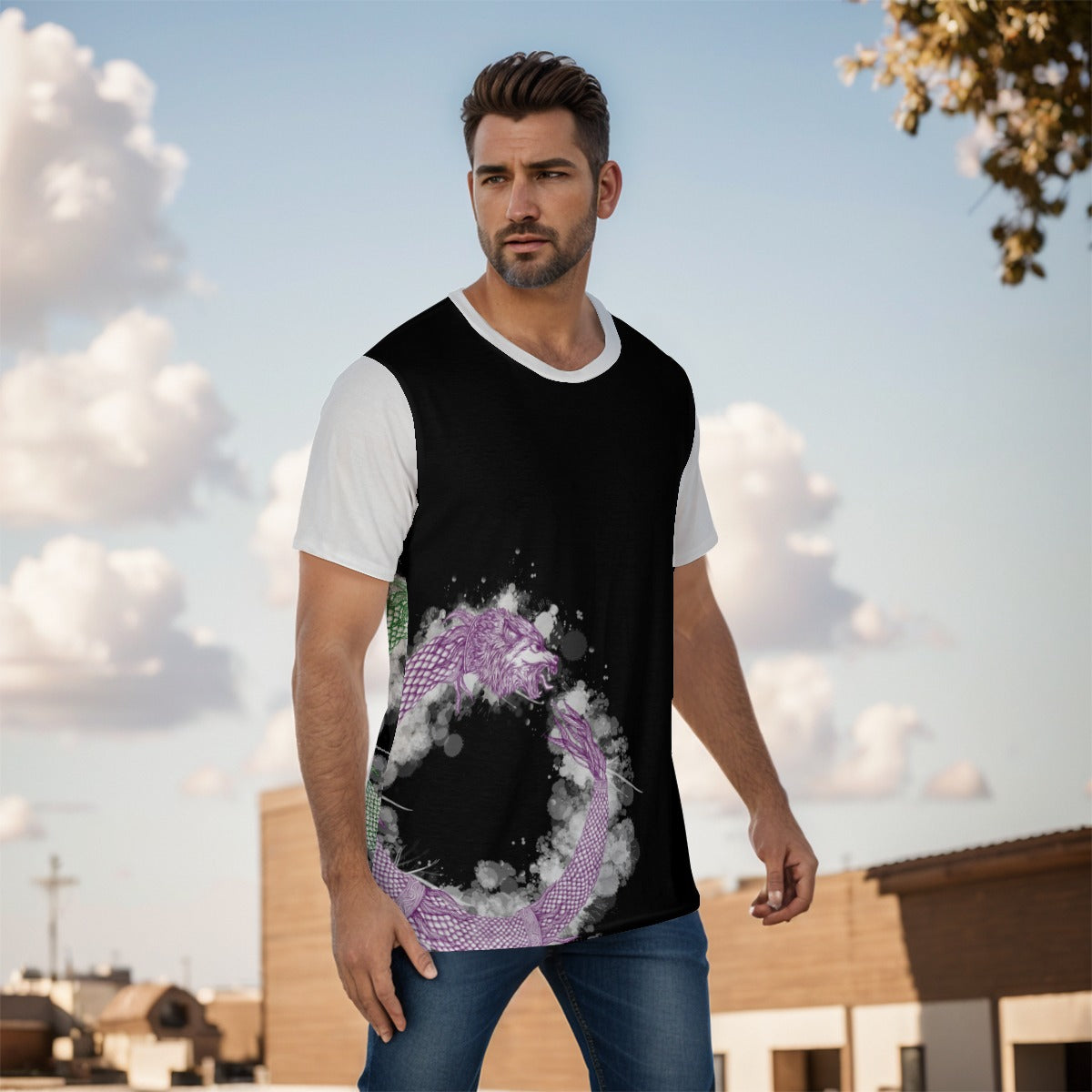 Purple Ouroboros Dacic Wolf on Black Men's O-Neck T-Shirt