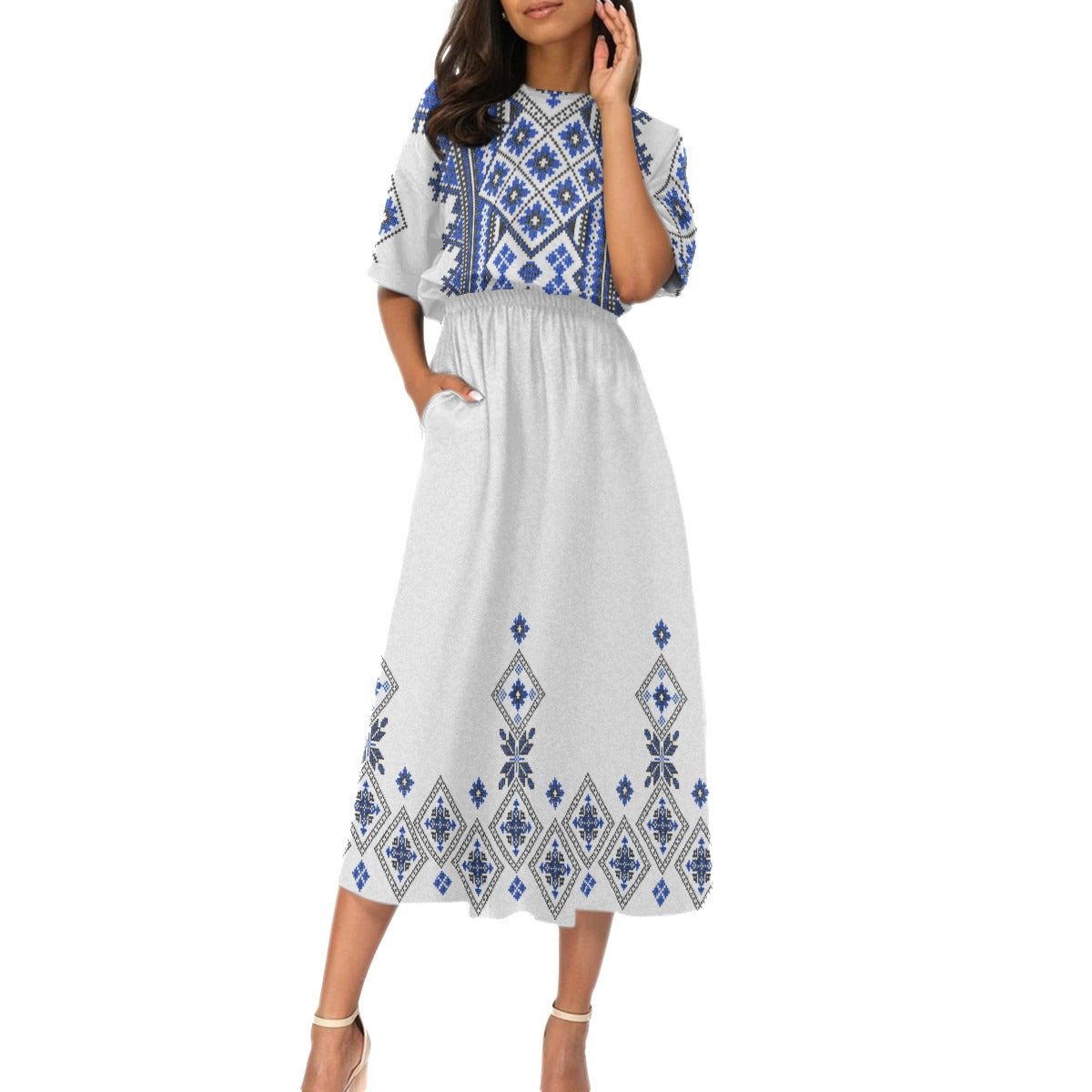 Blue Romanian Traditional Motif Women's Elastic Waist Dress