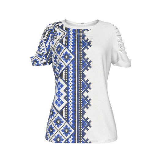 Blue Traditional Romanian Women's Ripped T-Shirt