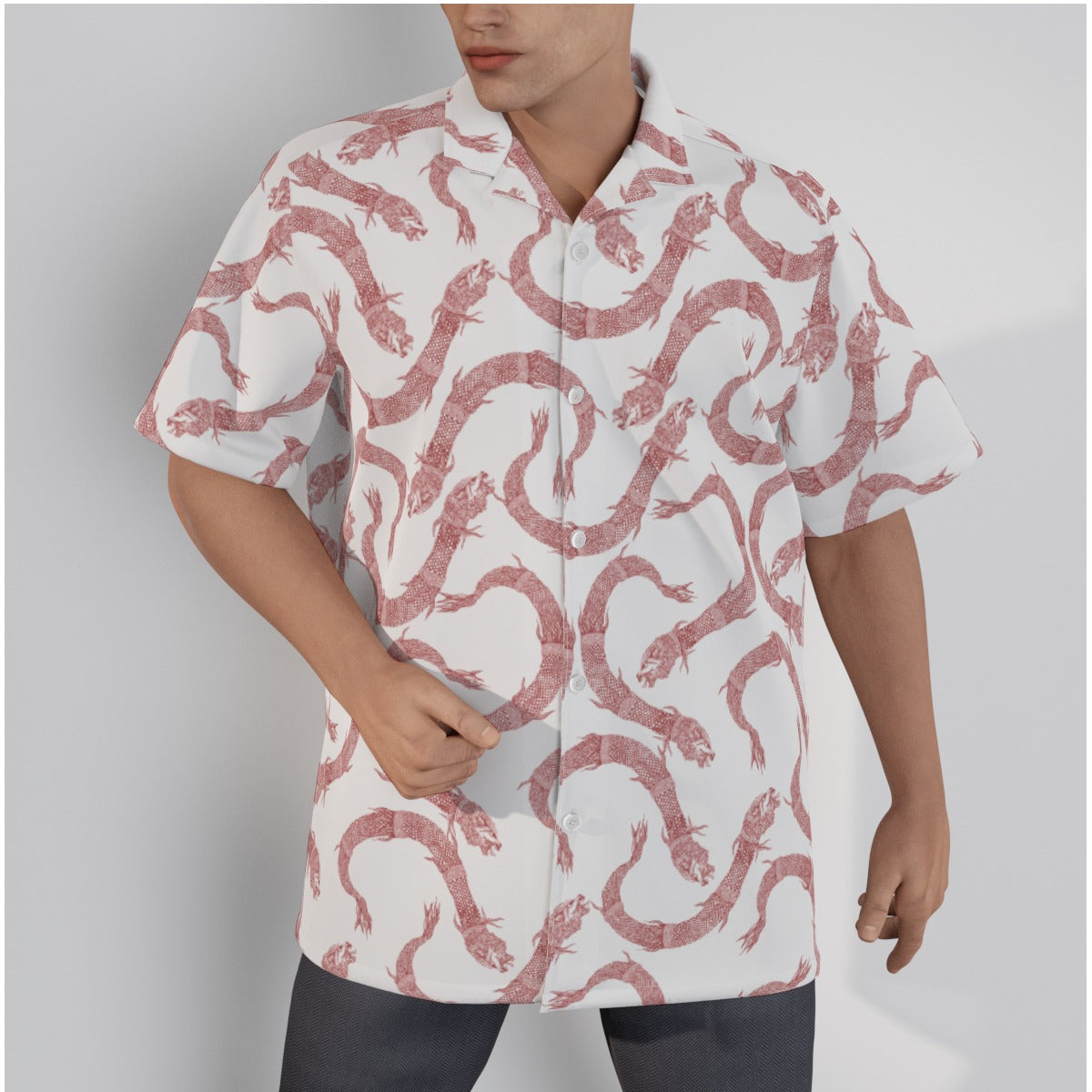 Red Dacic Wolf On White Base Men's Hawaiian Shirt With Button Closure