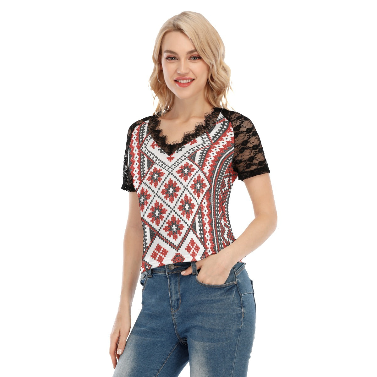 Red Romanian Traditional Women's V-neck T-shirt With Lace