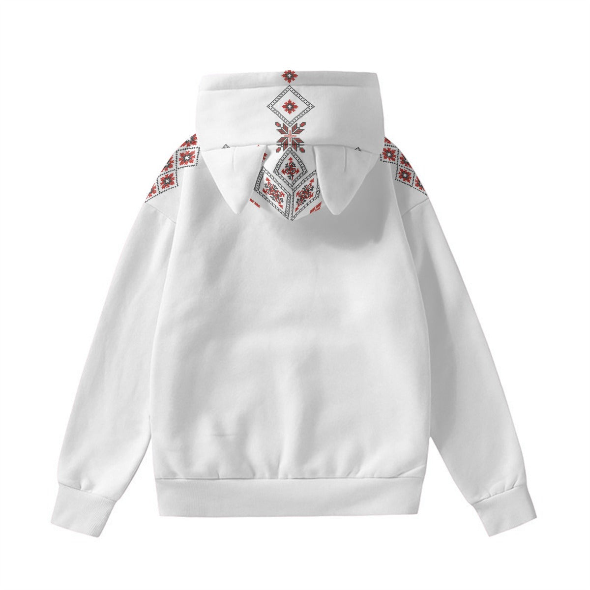 Romanian Dacic Wolf Contour And Red Traditional Motifs  Women’s Hoodie With Decorative Ears