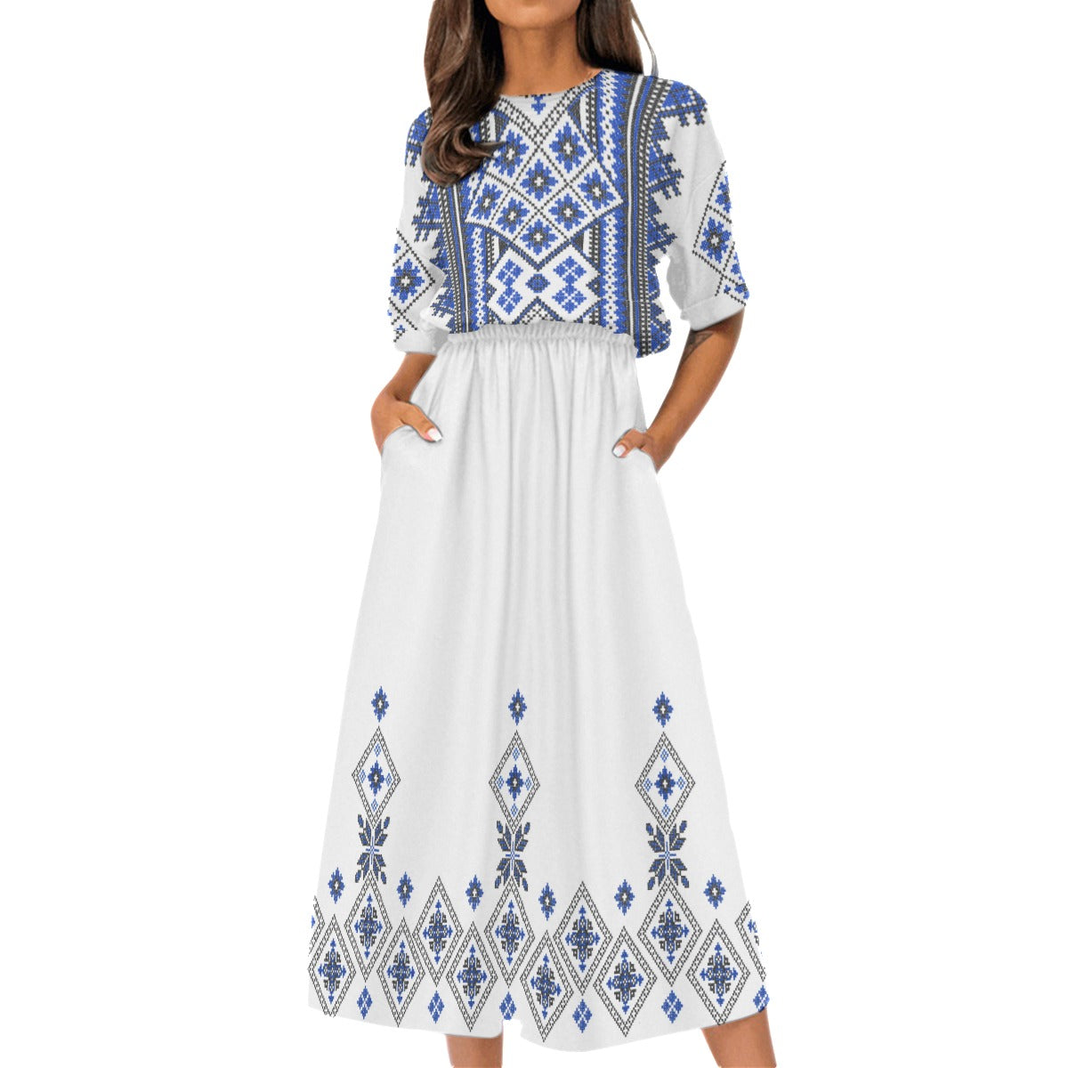 Blue Romanian Traditional Motif Women's Elastic Waist Dress