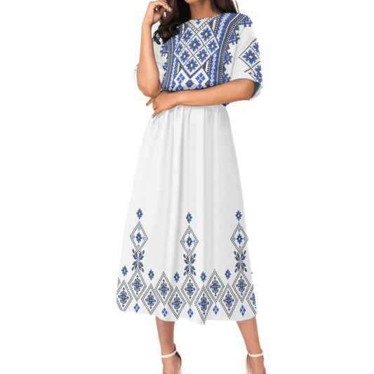 Blue Romanian Traditional Motif Women's Elastic Waist Dress