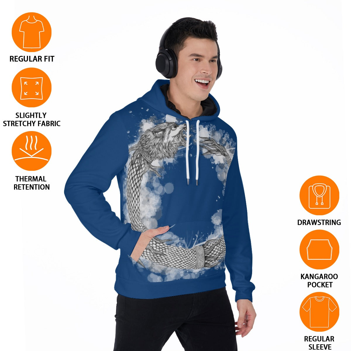 Dacic Wolf Ouroboros style on Blue Men's Thicken Pullover Hoodie