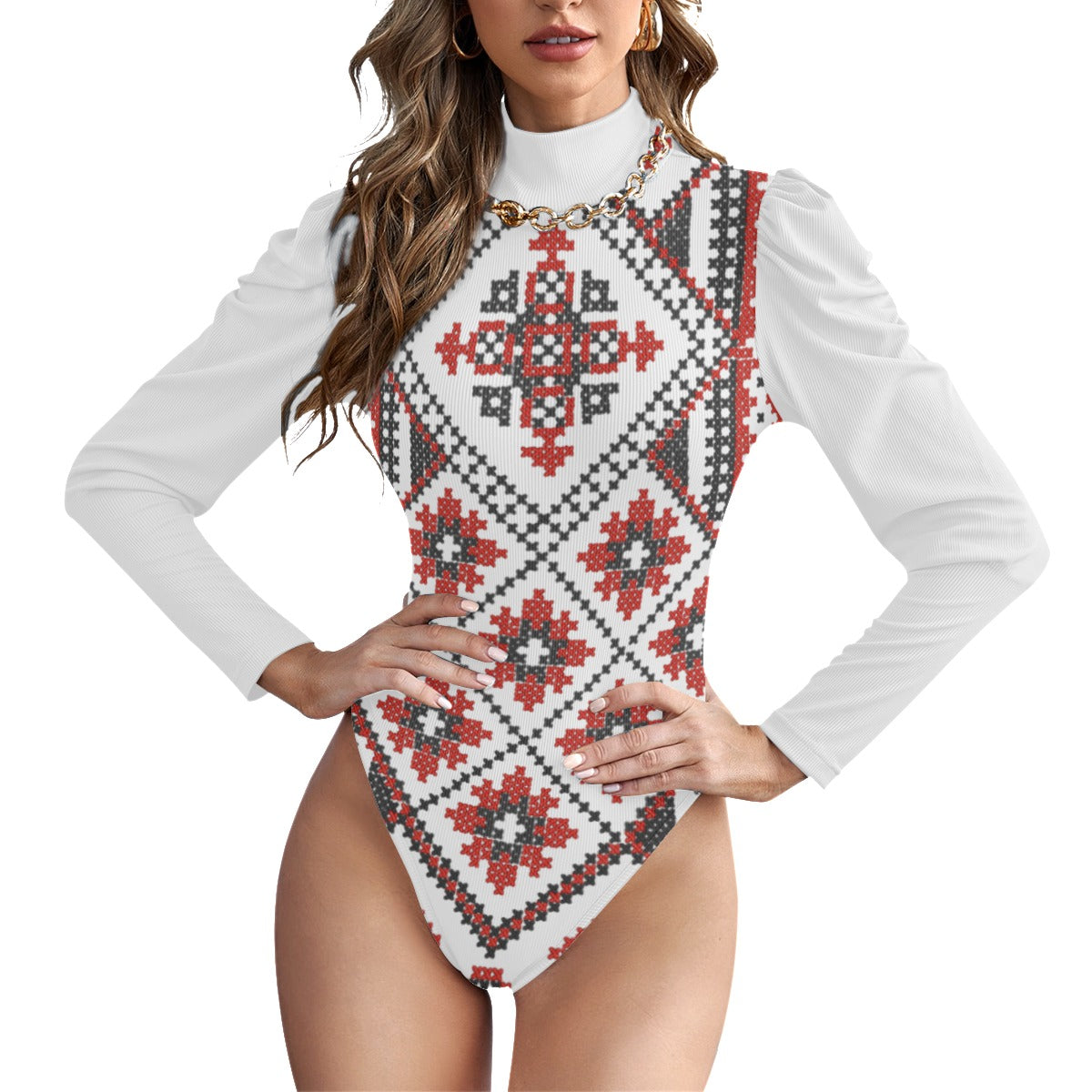 Red Romanian traditional Women's Turtleneck Bodysuit With Puff Sleeve